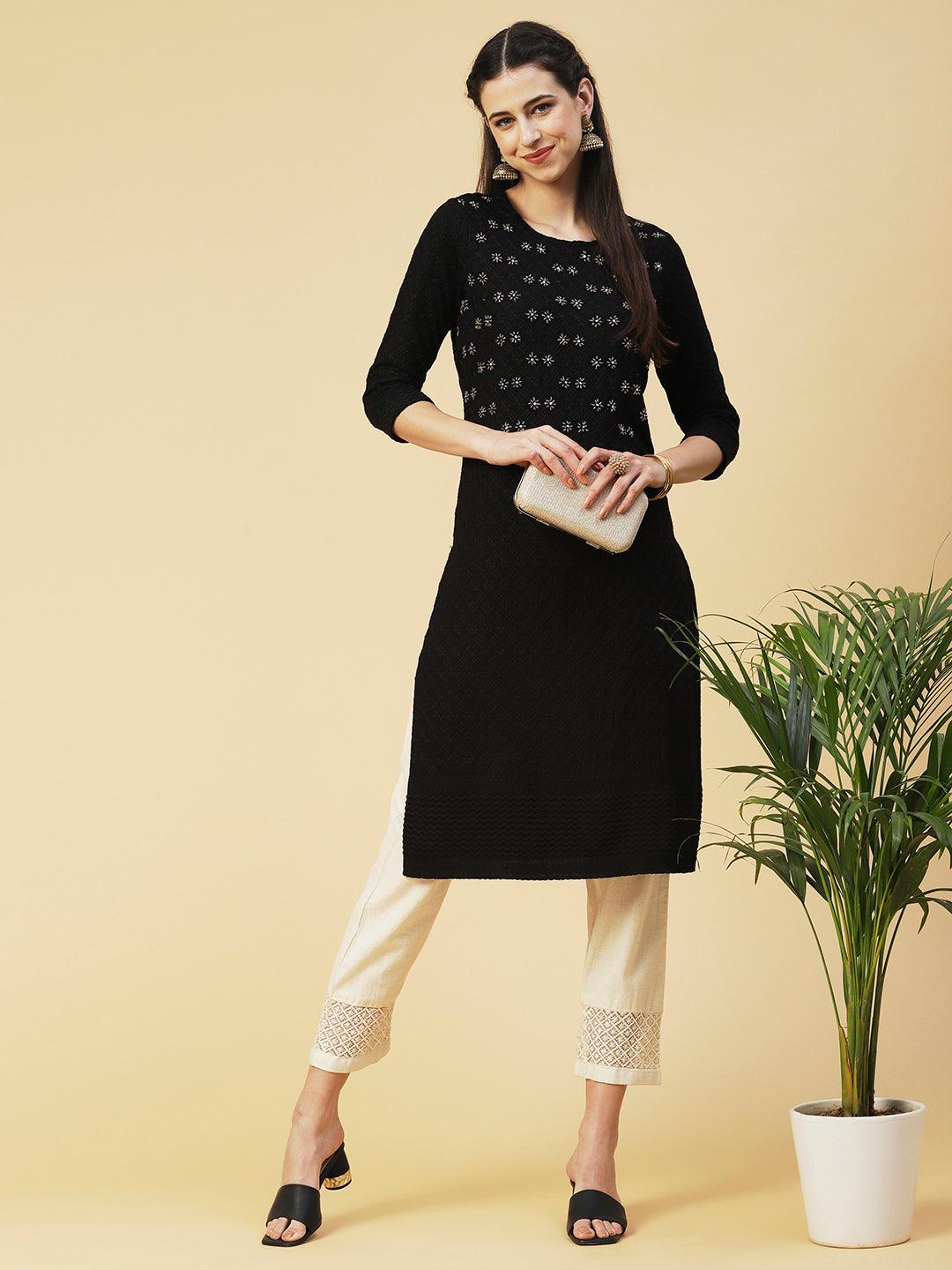 Solid Beads & Sequins Embroidered Schiffili Kurta - Black - Indiakreations