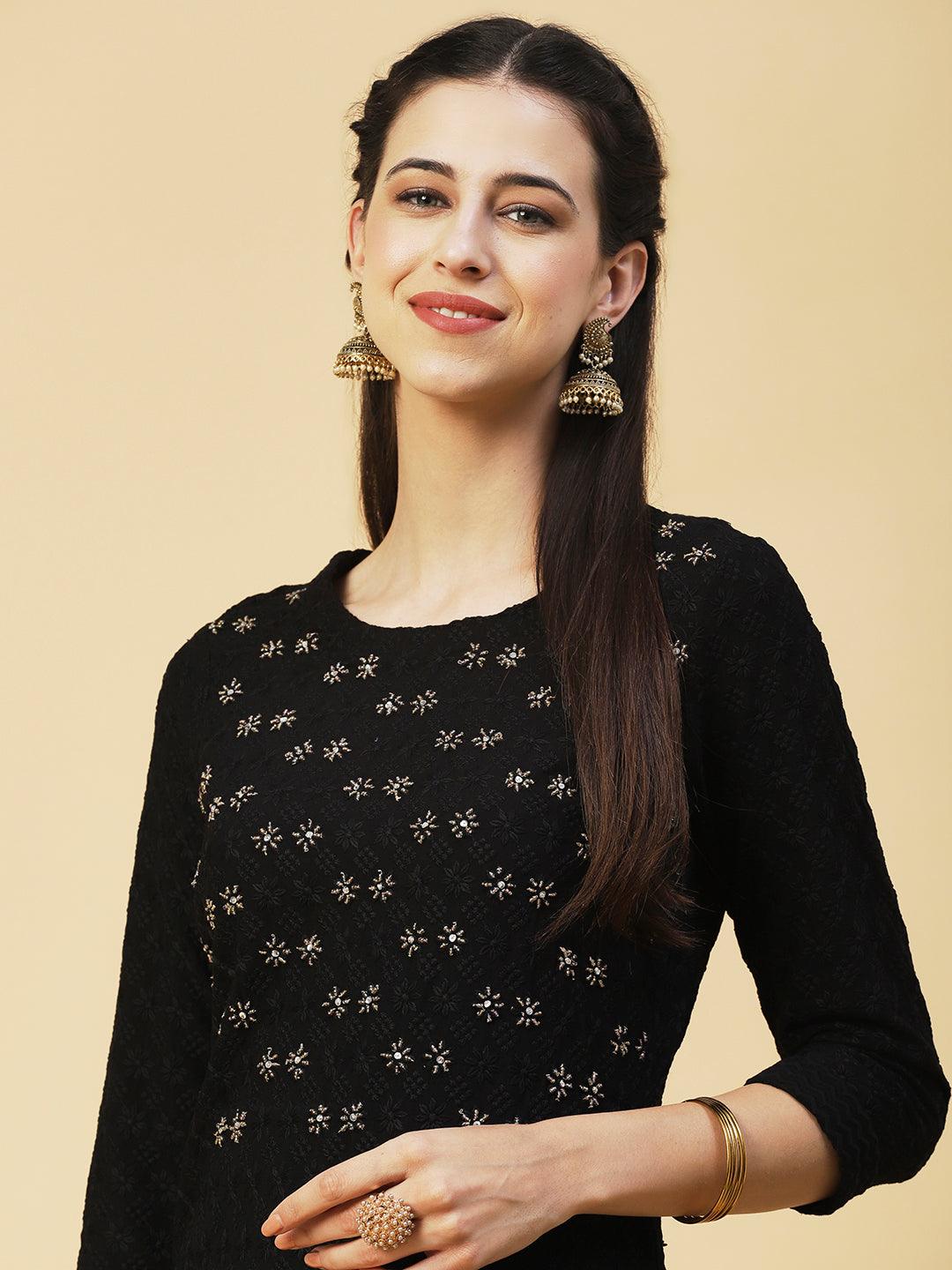 Solid Beads & Sequins Embroidered Schiffili Kurta - Black - Indiakreations