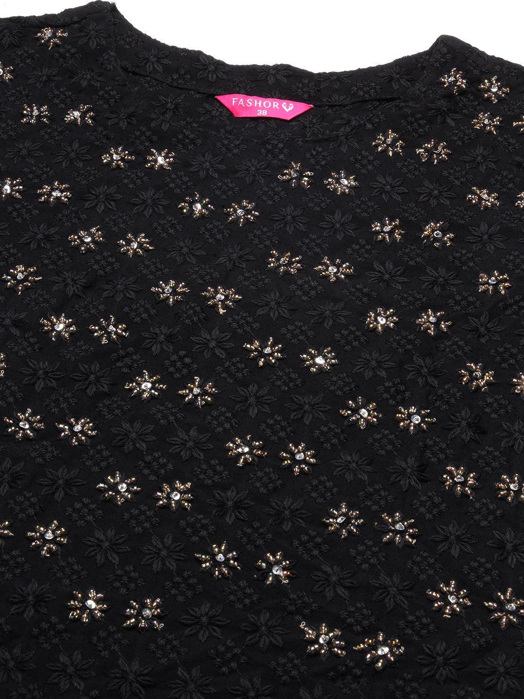 Solid Beads & Sequins Embroidered Schiffili Kurta - Black - Indiakreations