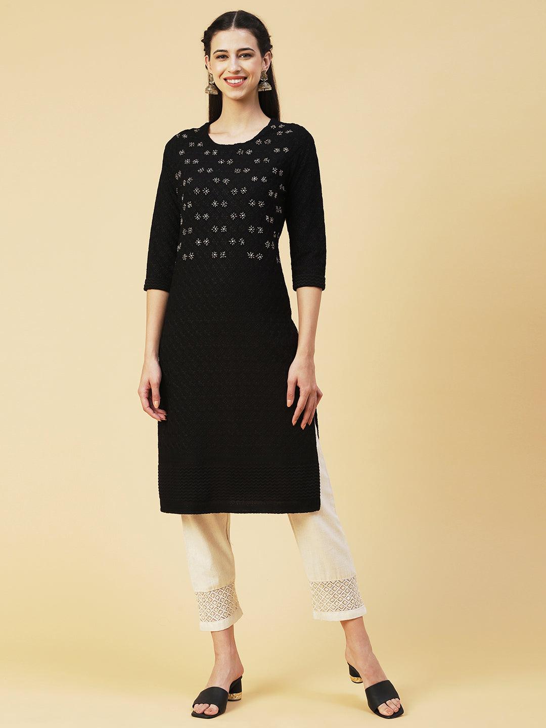 Solid Beads & Sequins Embroidered Schiffili Kurta - Black - Indiakreations