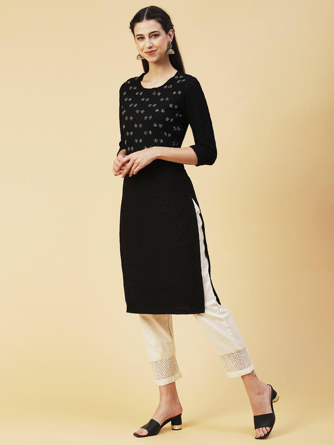 Solid Beads & Sequins Embroidered Schiffili Kurta - Black - Indiakreations