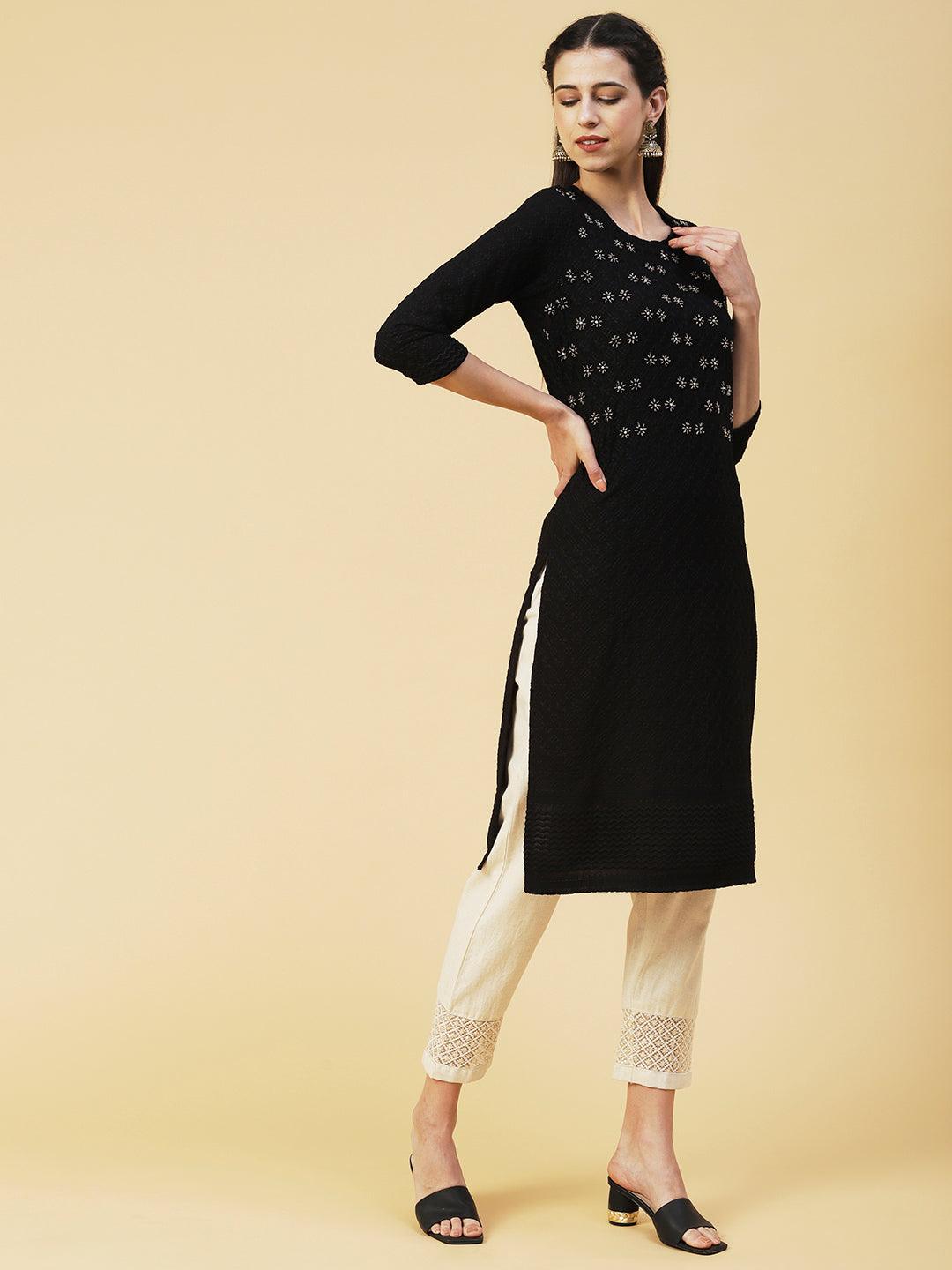 Solid Beads & Sequins Embroidered Schiffili Kurta - Black - Indiakreations