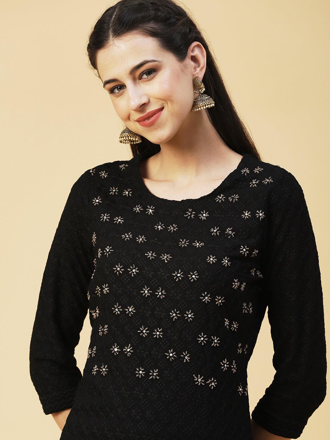 Solid Beads & Sequins Embroidered Schiffili Kurta - Black - Indiakreations