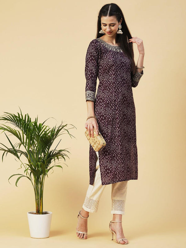 Ethnic Printed & Embroidered Straight Fit Kurta - Violet - Indiakreations