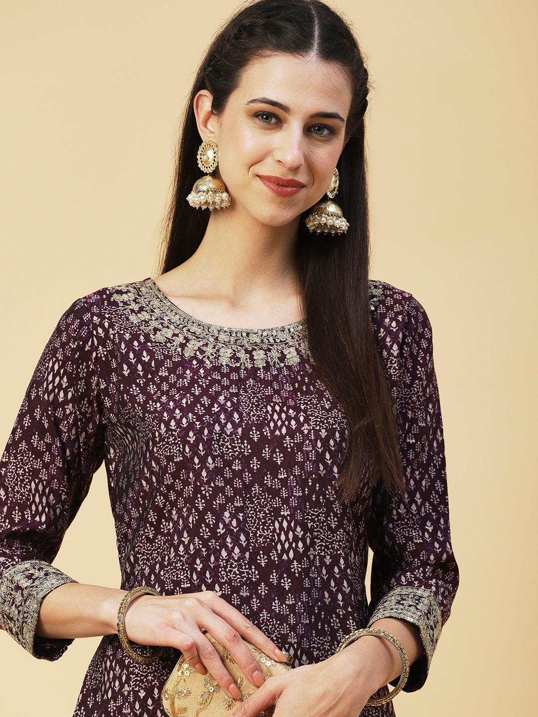 Ethnic Printed & Embroidered Straight Fit Kurta - Violet - Indiakreations