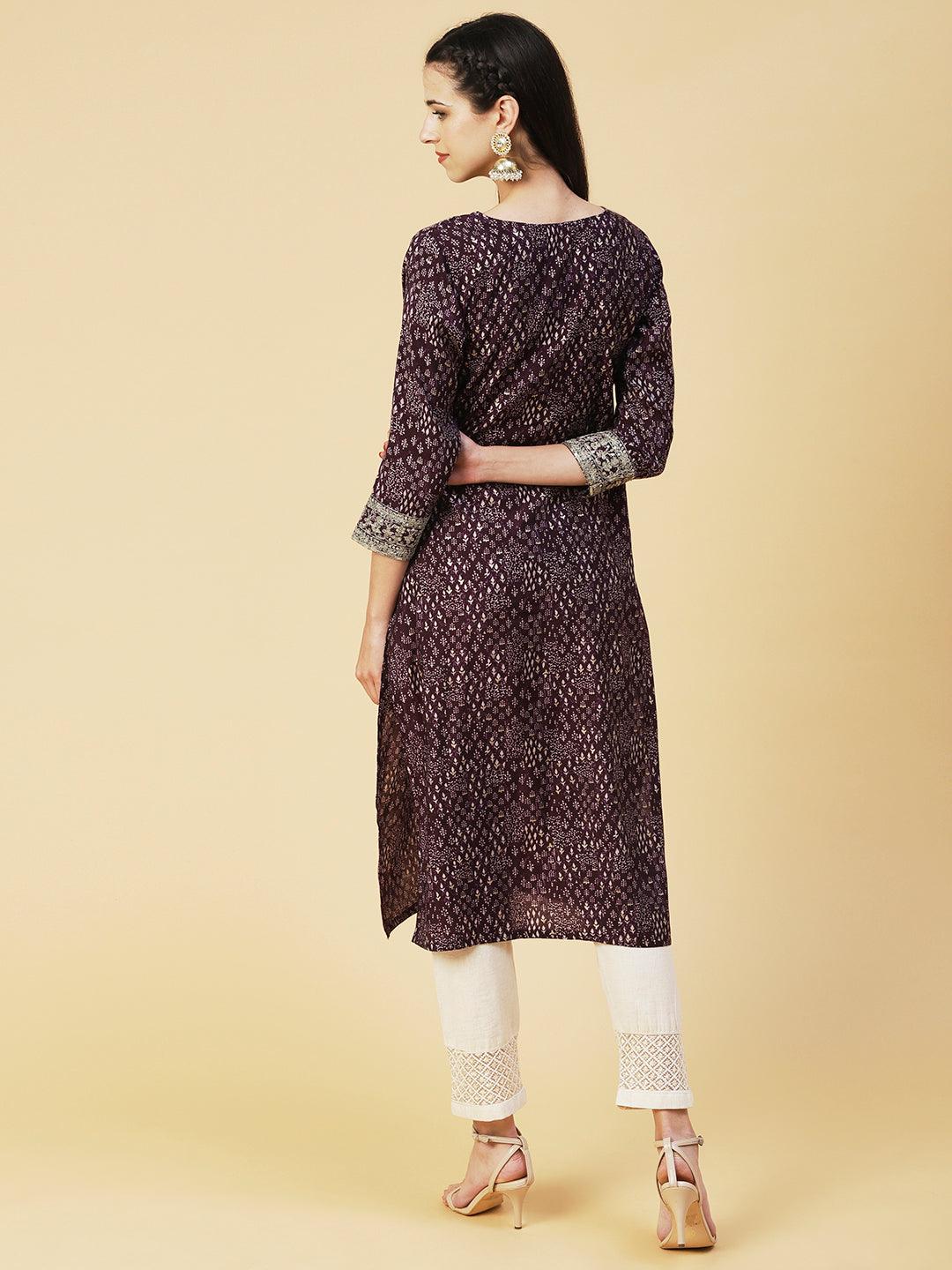 Ethnic Printed & Embroidered Straight Fit Kurta - Violet - Indiakreations