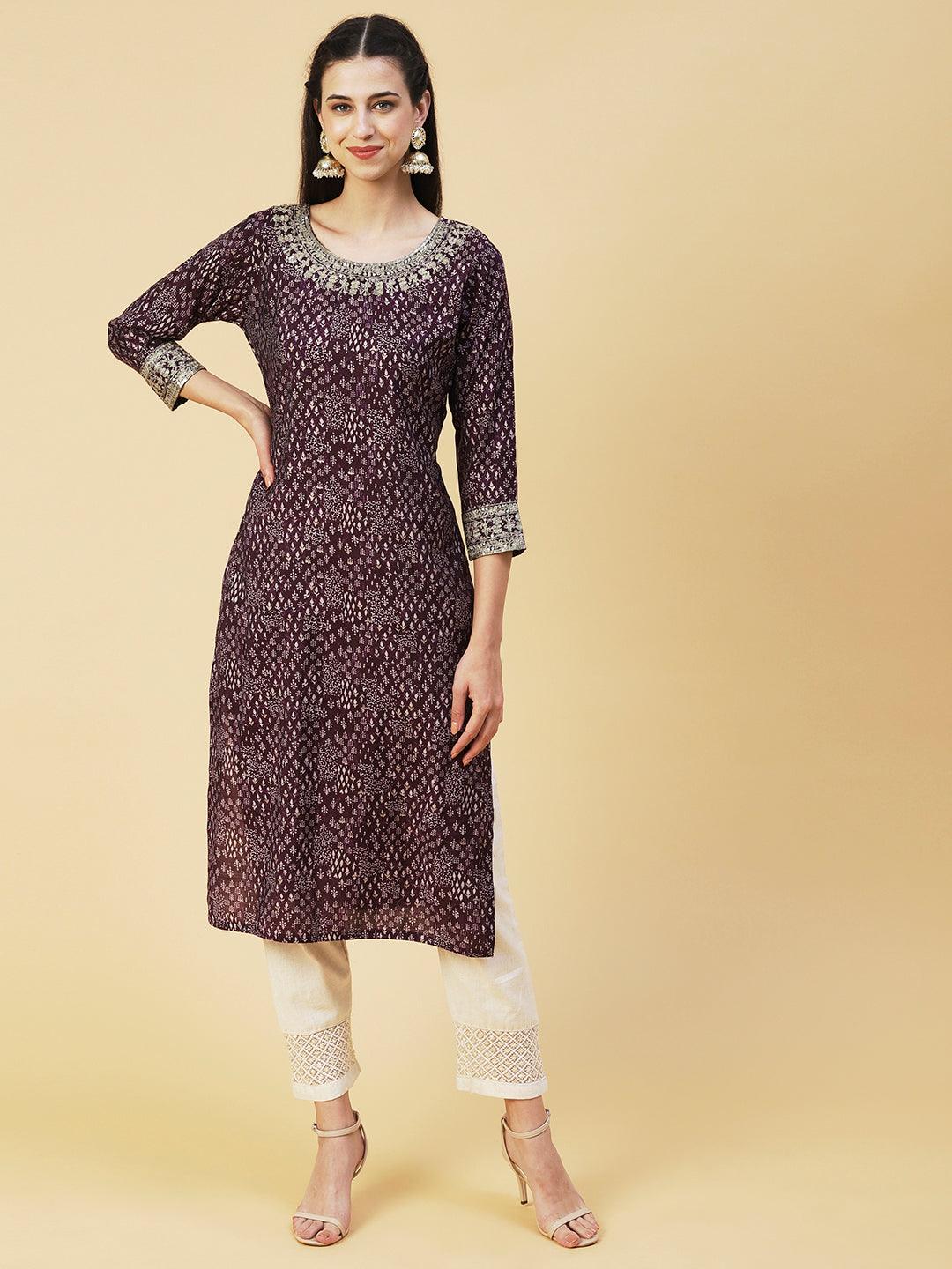 Ethnic Printed & Embroidered Straight Fit Kurta - Violet - Indiakreations