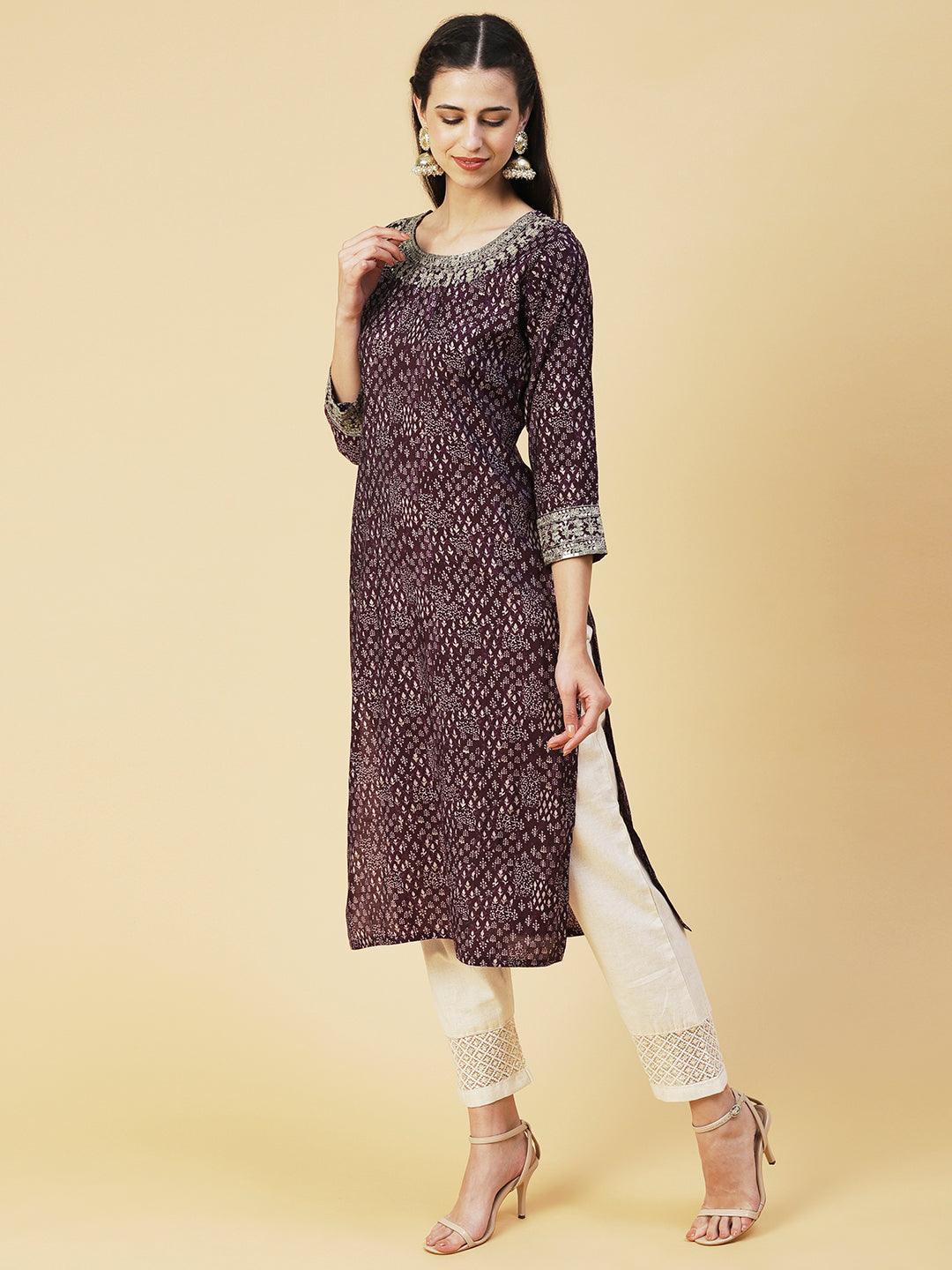 Ethnic Printed & Embroidered Straight Fit Kurta - Violet - Indiakreations