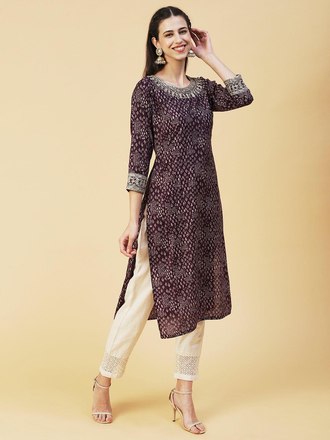 Ethnic Printed & Embroidered Straight Fit Kurta - Violet - Indiakreations