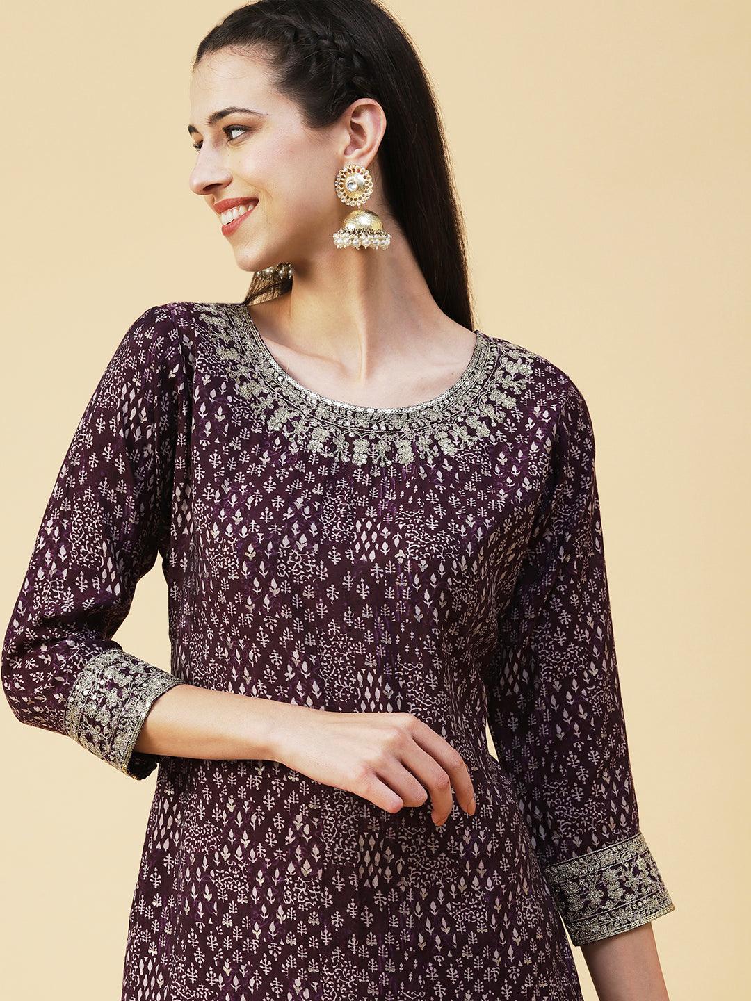 Ethnic Printed & Embroidered Straight Fit Kurta - Violet - Indiakreations