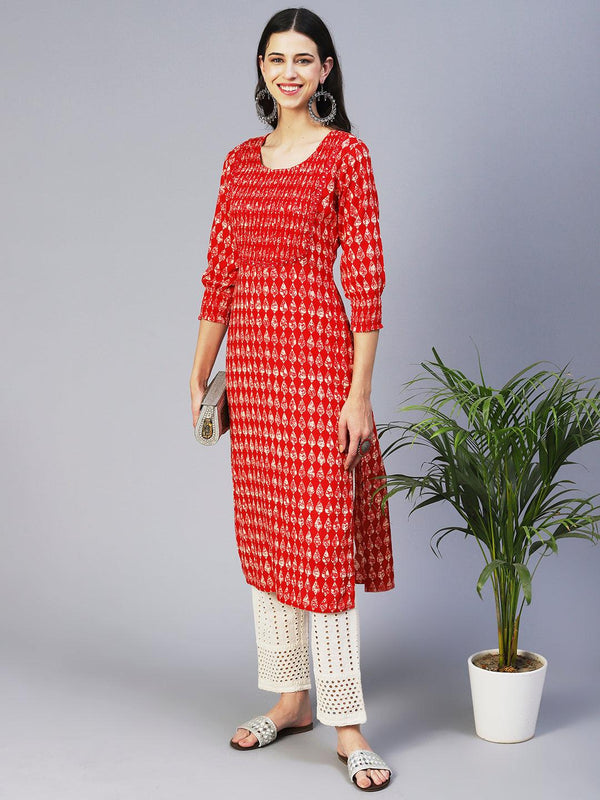 Abstract Mirror Embroidered Smocked Kurta - Red - Indiakreations