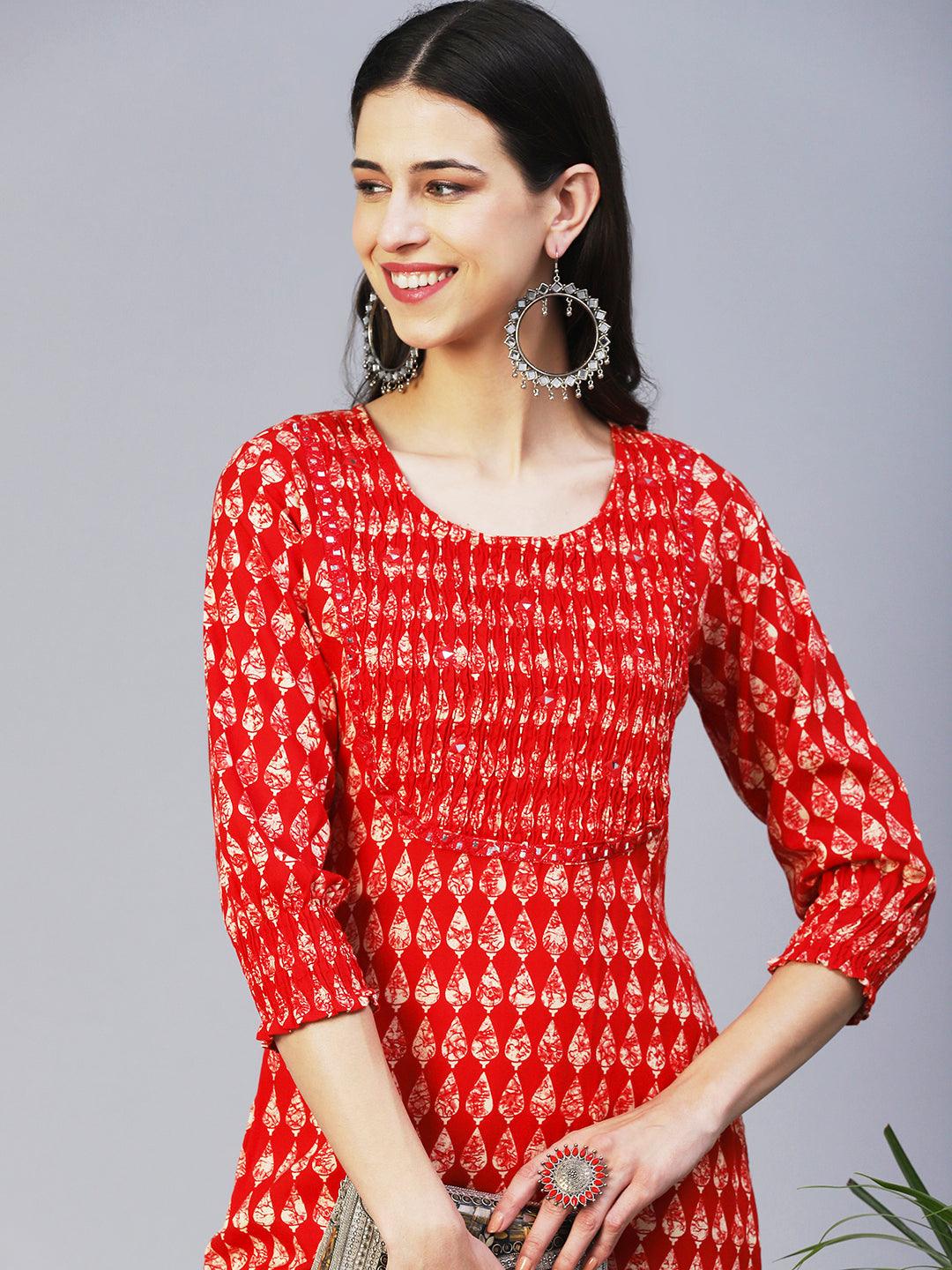 Abstract Mirror Embroidered Smocked Kurta - Red - Indiakreations