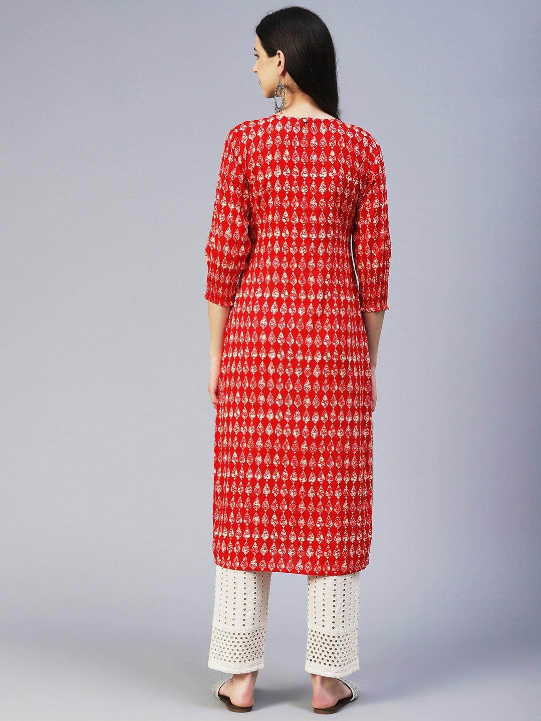 Abstract Mirror Embroidered Smocked Kurta - Red - Indiakreations