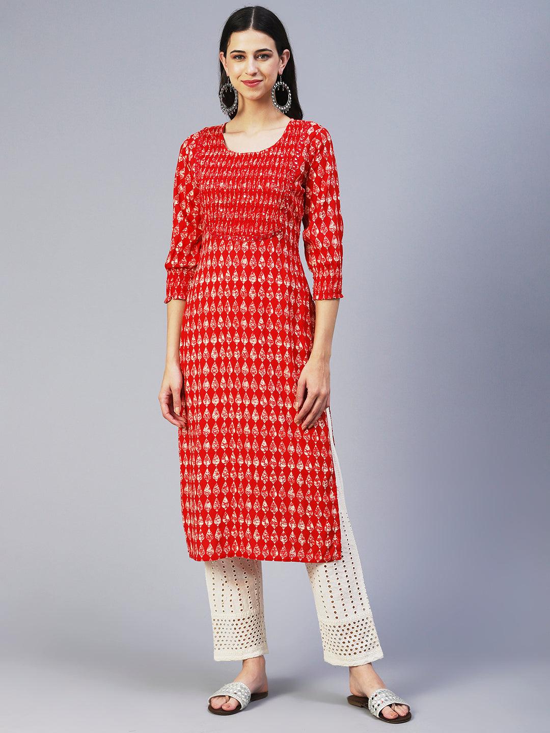 Abstract Mirror Embroidered Smocked Kurta - Red - Indiakreations