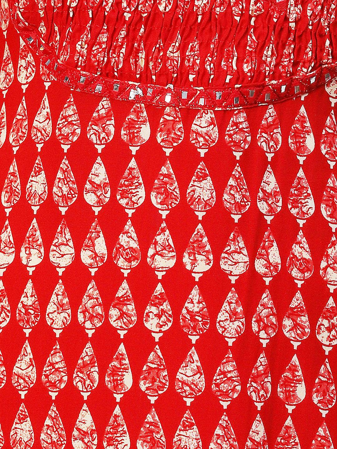 Abstract Mirror Embroidered Smocked Kurta - Red - Indiakreations