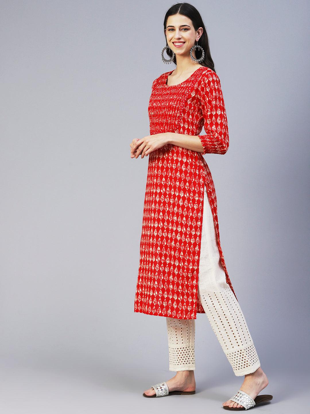 Abstract Mirror Embroidered Smocked Kurta - Red - Indiakreations