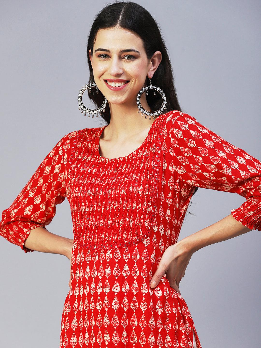 Abstract Mirror Embroidered Smocked Kurta - Red - Indiakreations