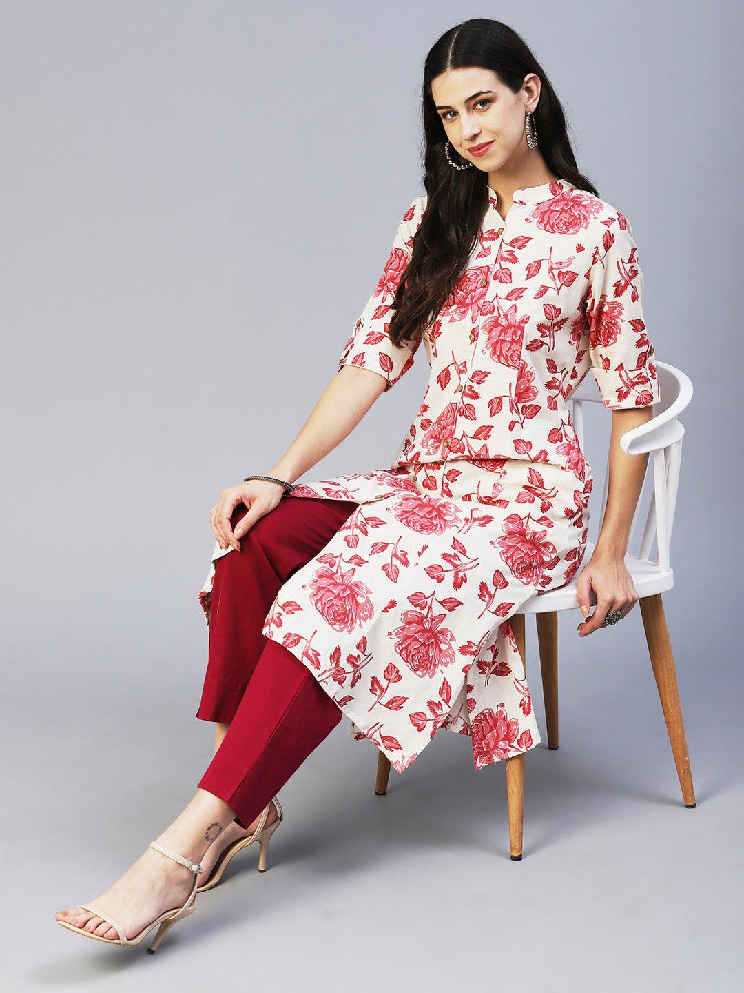 Floral Printed Princess Paneled Kurta - Red & Off-White - Indiakreations