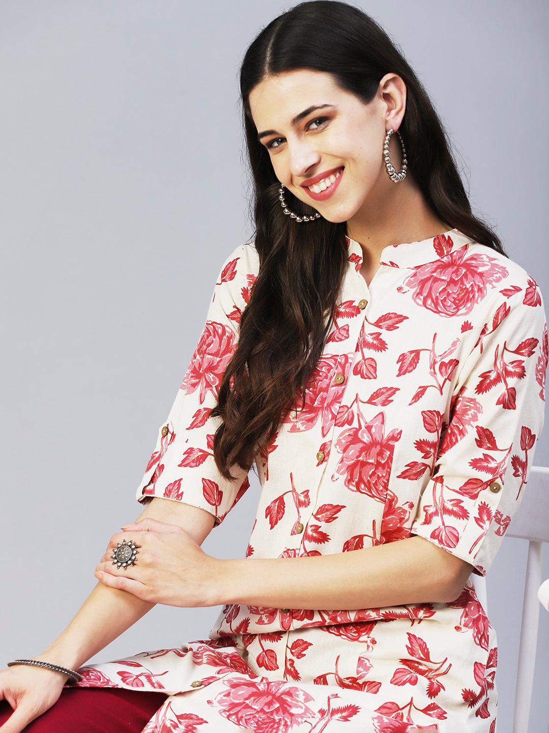 Floral Printed Princess Paneled Kurta - Red & Off-White - Indiakreations