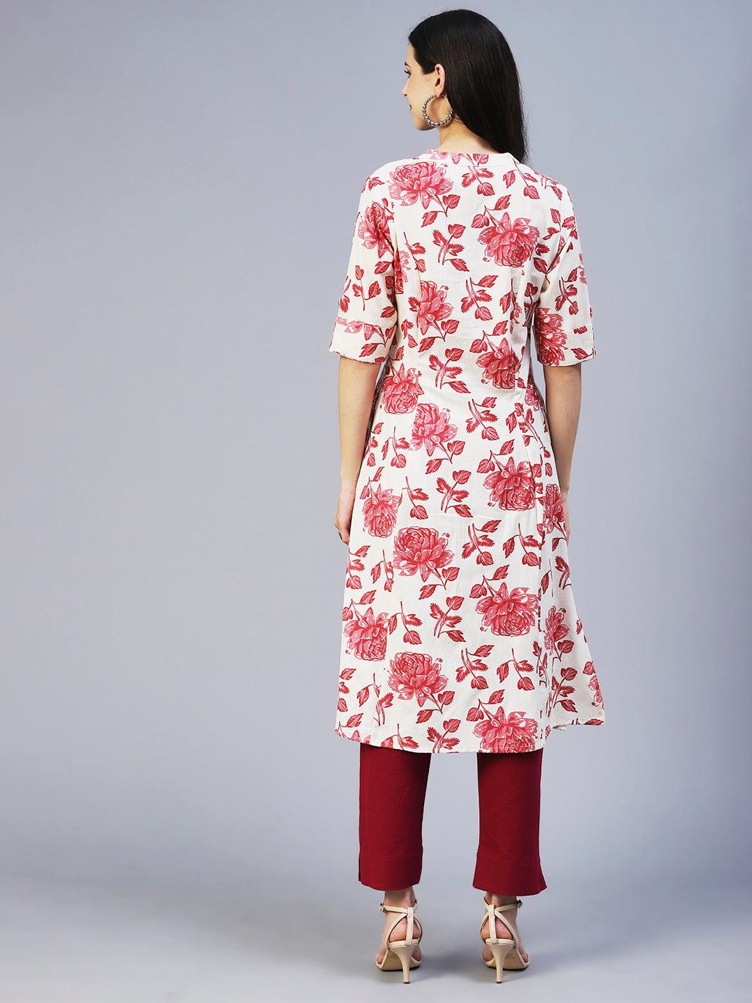 Floral Printed Princess Paneled Kurta - Red & Off-White - Indiakreations