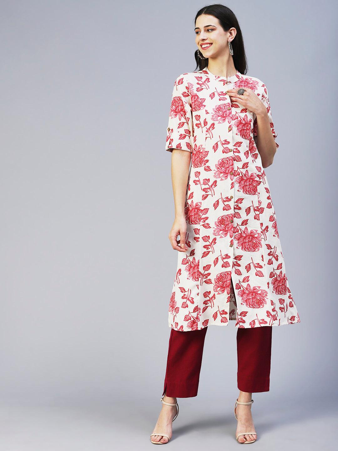 Floral Printed Princess Paneled Kurta - Red & Off-White - Indiakreations