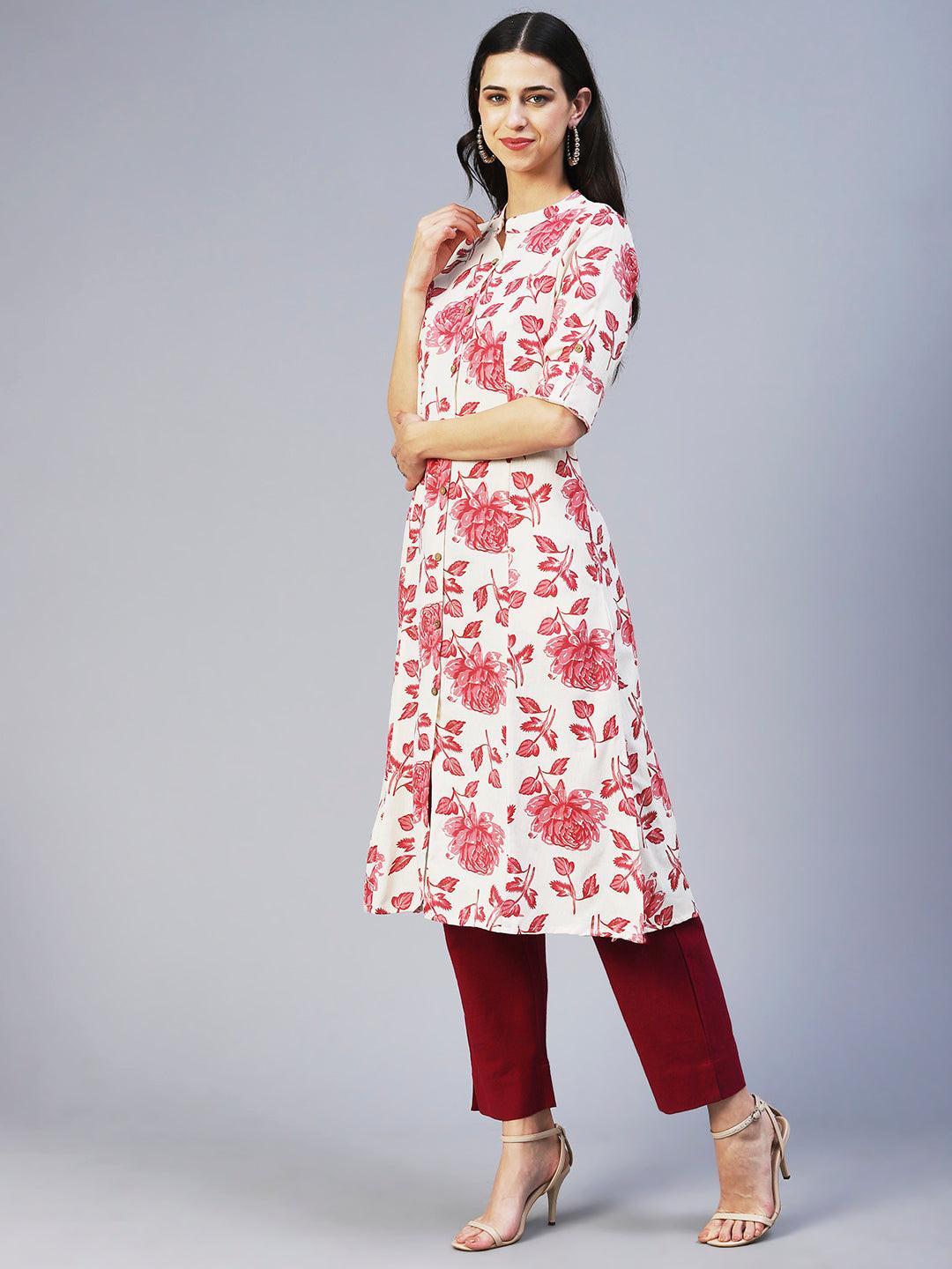 Floral Printed Princess Paneled Kurta - Red & Off-White - Indiakreations