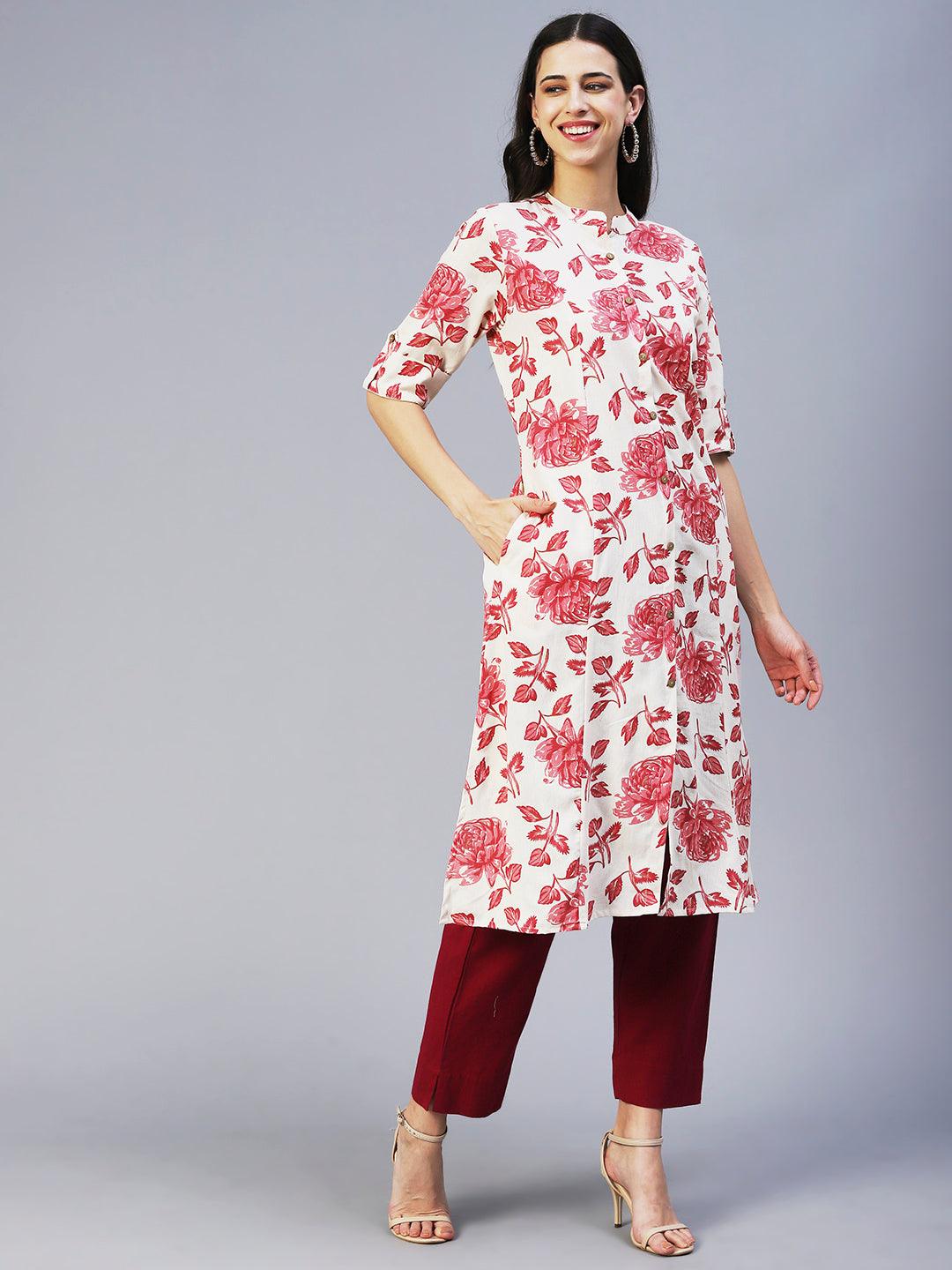 Floral Printed Princess Paneled Kurta - Red & Off-White - Indiakreations