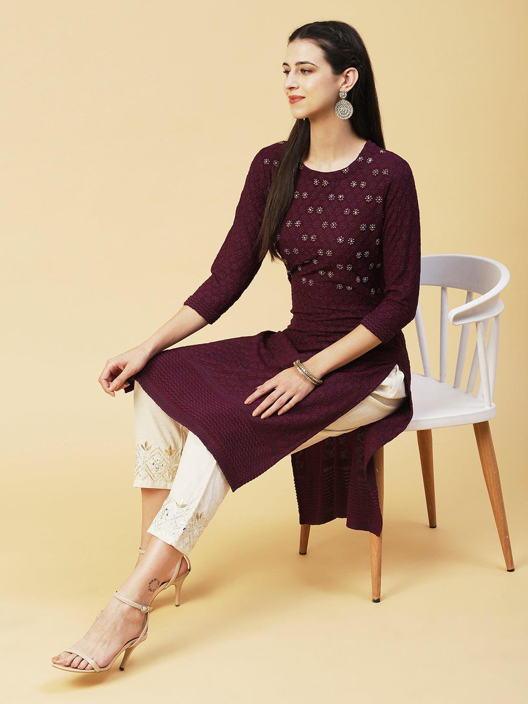 Solid Beads & Sequins Embroidered Schiffili Kurta - Dark Mauve - Indiakreations