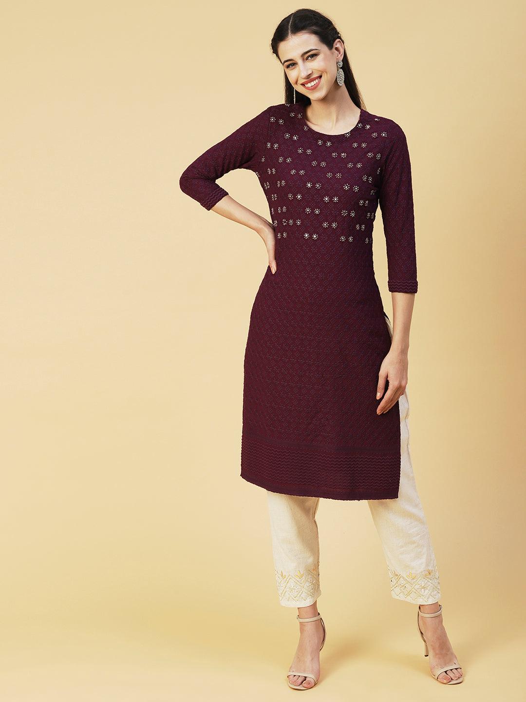 Solid Beads & Sequins Embroidered Schiffili Kurta - Dark Mauve - Indiakreations