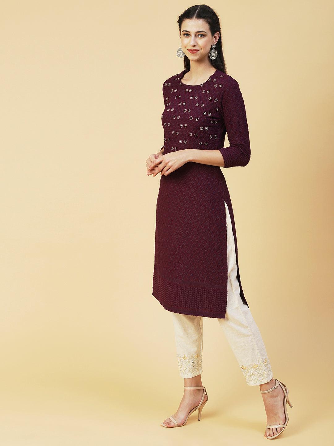 Solid Beads & Sequins Embroidered Schiffili Kurta - Dark Mauve - Indiakreations