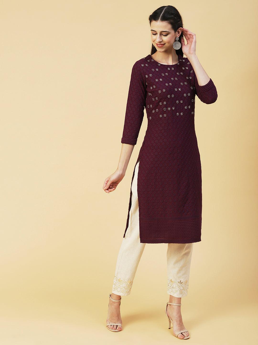 Solid Beads & Sequins Embroidered Schiffili Kurta - Dark Mauve - Indiakreations