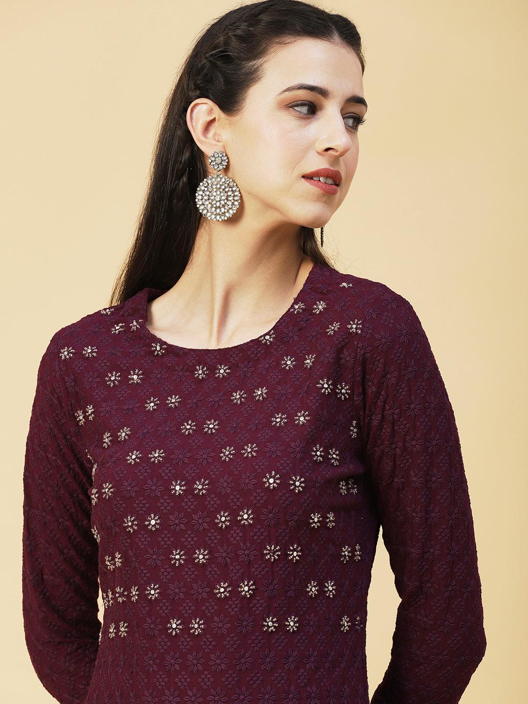 Solid Beads & Sequins Embroidered Schiffili Kurta - Dark Mauve - Indiakreations