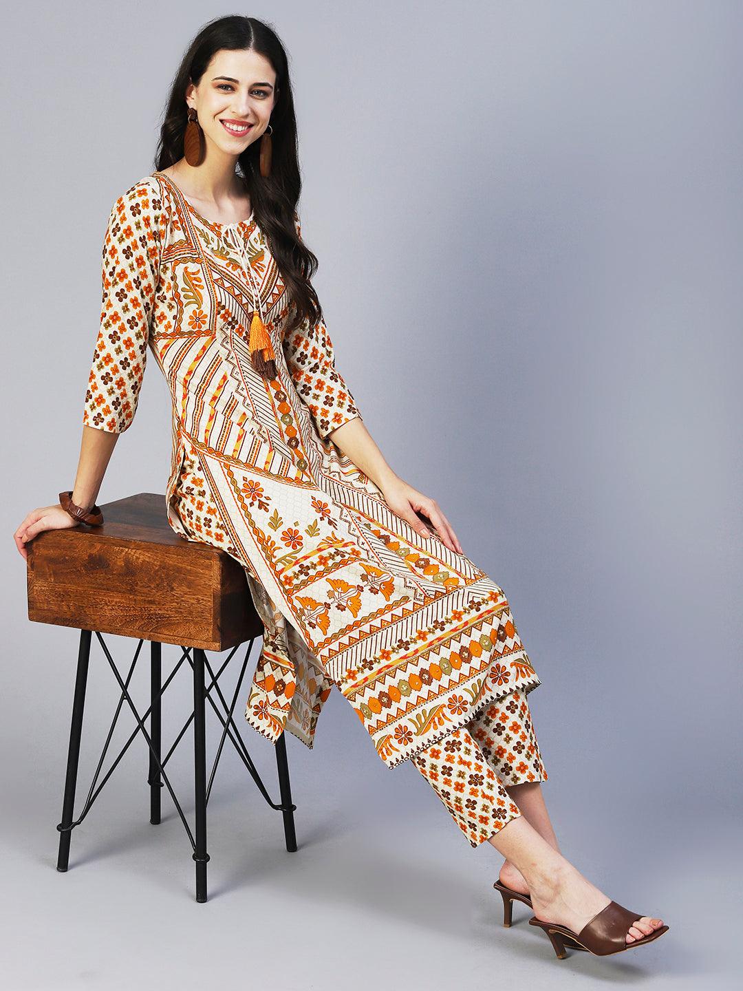 Floral Printed Hand Embroidered Kurta With Pants - Multi - Indiakreations