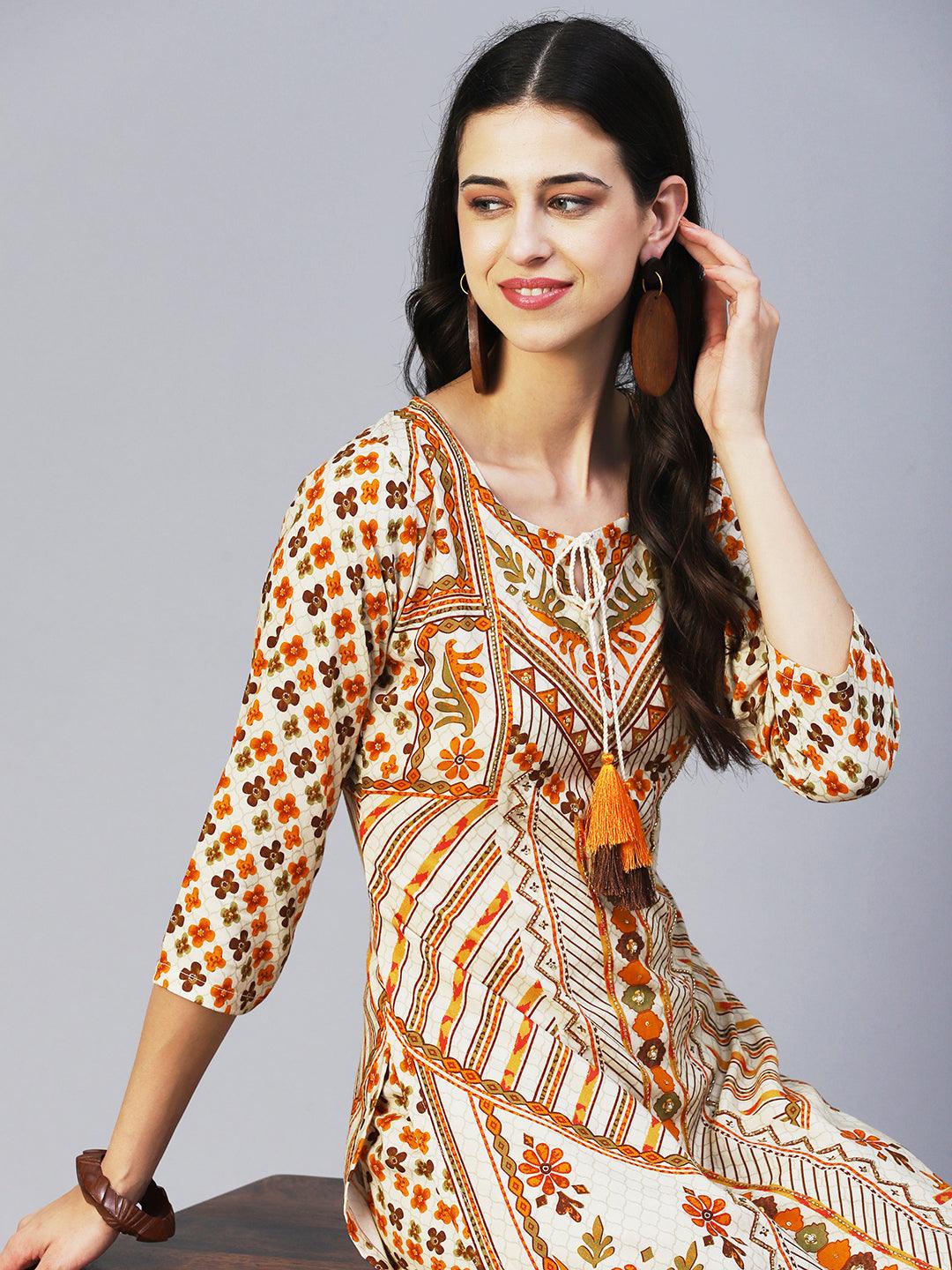 Floral Printed Hand Embroidered Kurta With Pants - Multi - Indiakreations