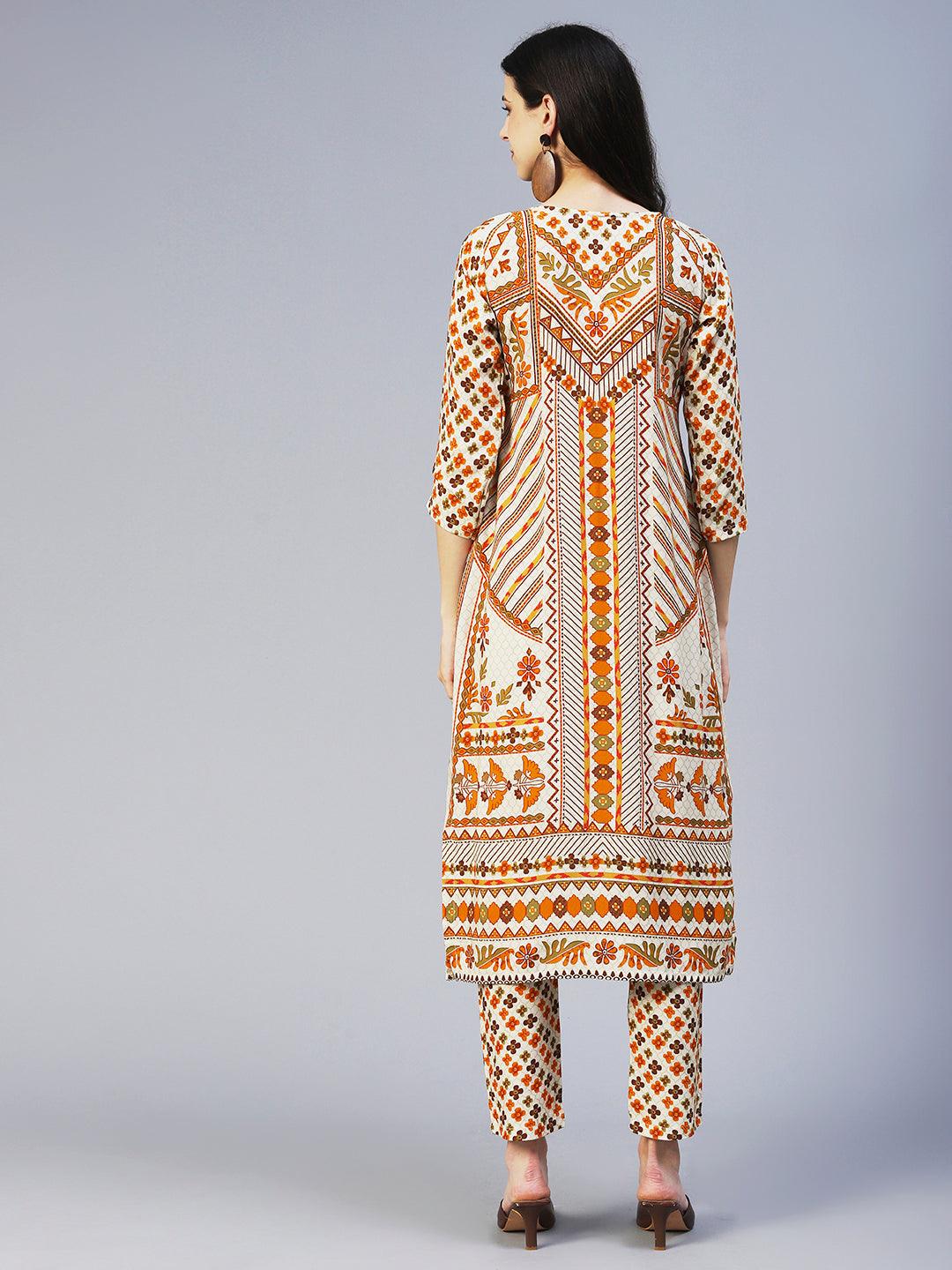 Floral Printed Hand Embroidered Kurta With Pants - Multi - Indiakreations