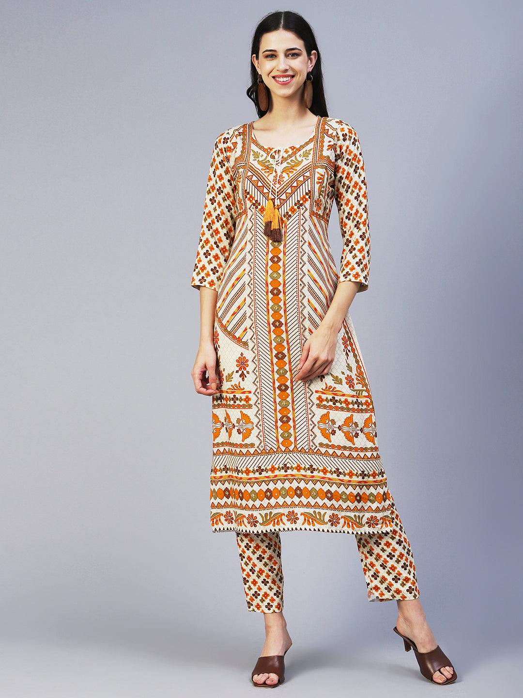 Floral Printed Hand Embroidered Kurta With Pants - Multi - Indiakreations