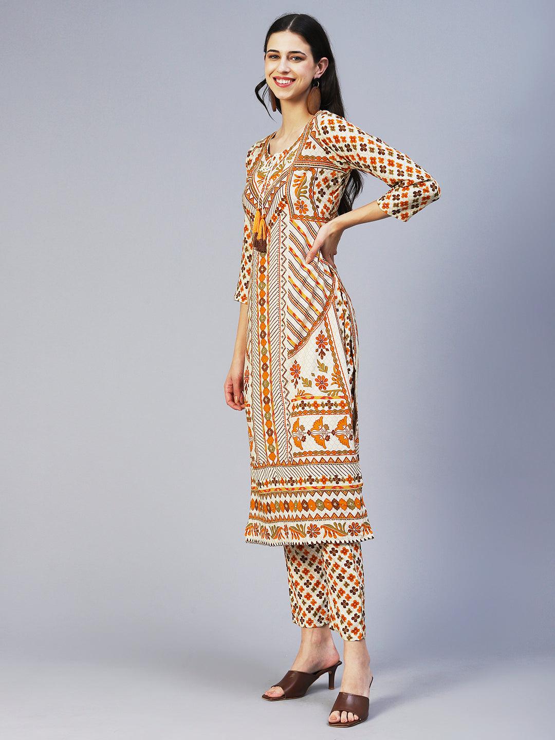 Floral Printed Hand Embroidered Kurta With Pants - Multi - Indiakreations