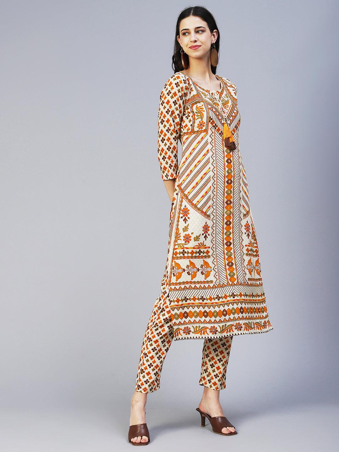 Floral Printed Hand Embroidered Kurta With Pants - Multi - Indiakreations