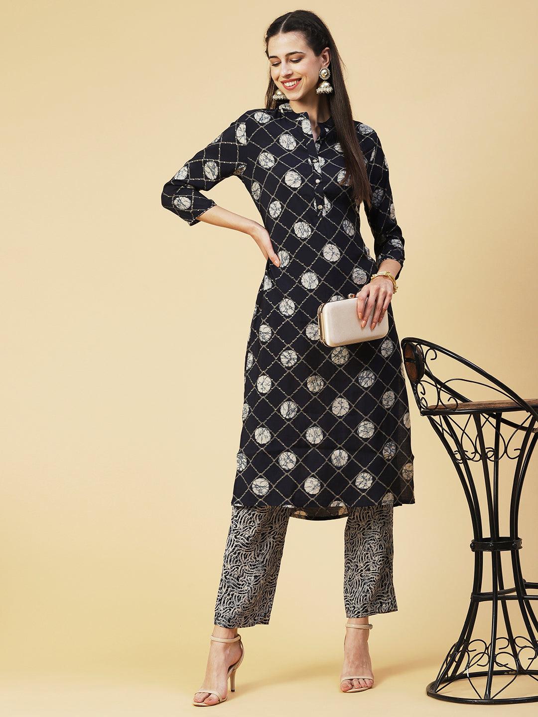 Abstract Barfi Printed Kurta With Abstract Printed Pants - Navy Blue - Indiakreations