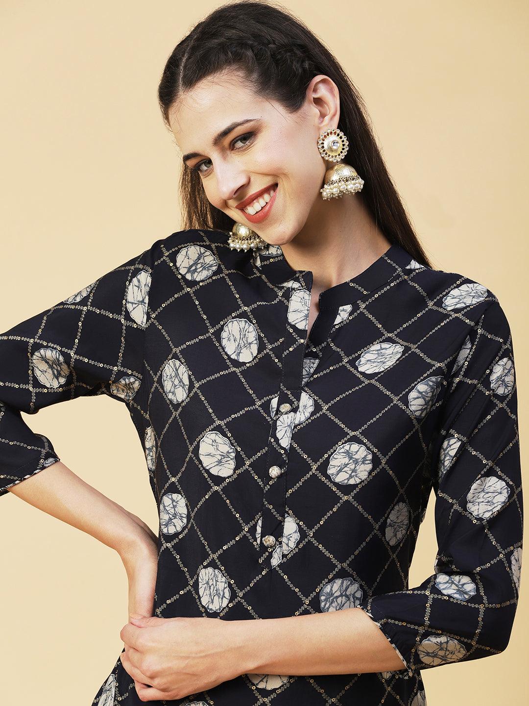 Abstract Barfi Printed Kurta With Abstract Printed Pants - Navy Blue - Indiakreations