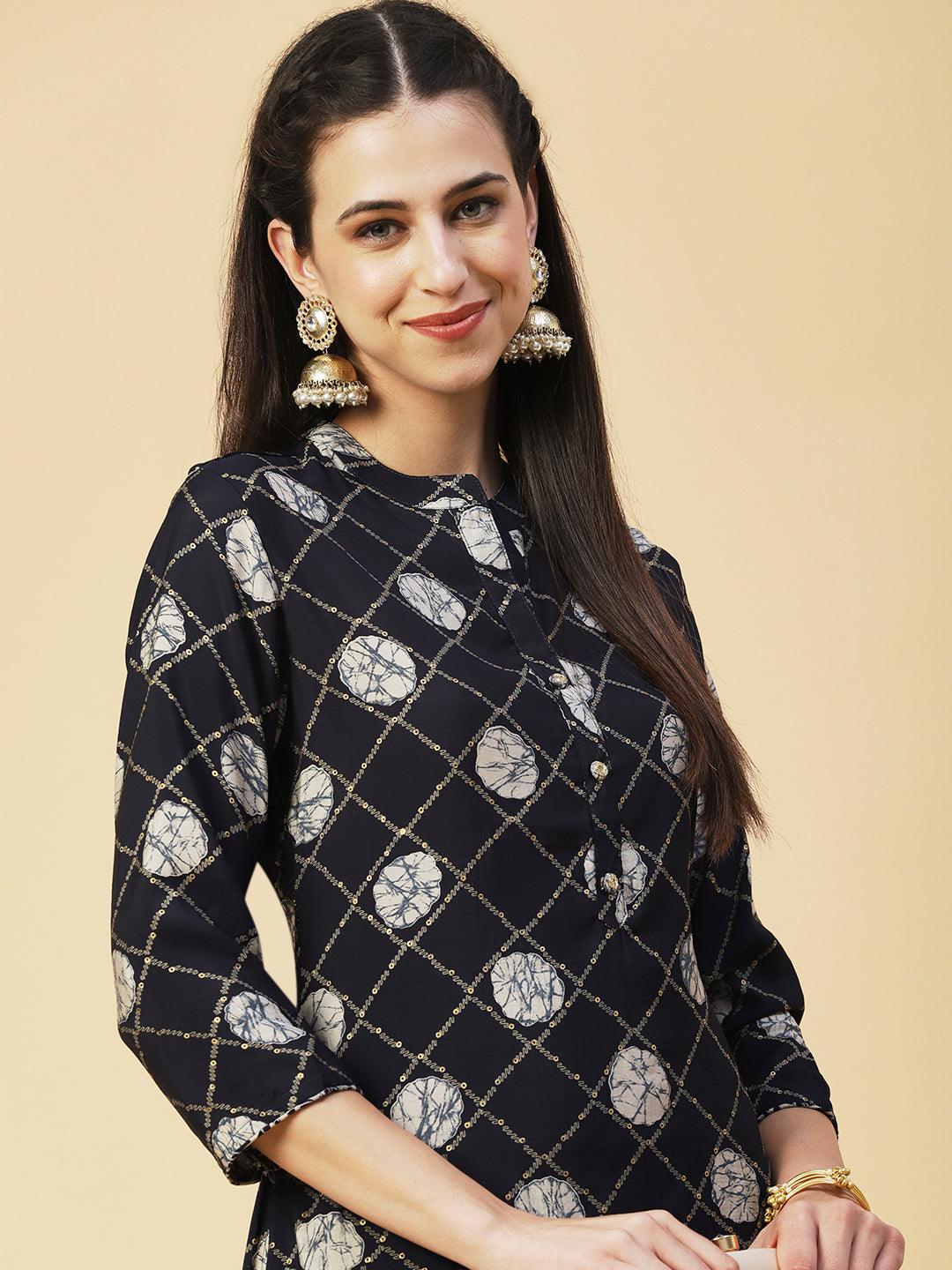 Abstract Barfi Printed Kurta With Abstract Printed Pants - Navy Blue - Indiakreations