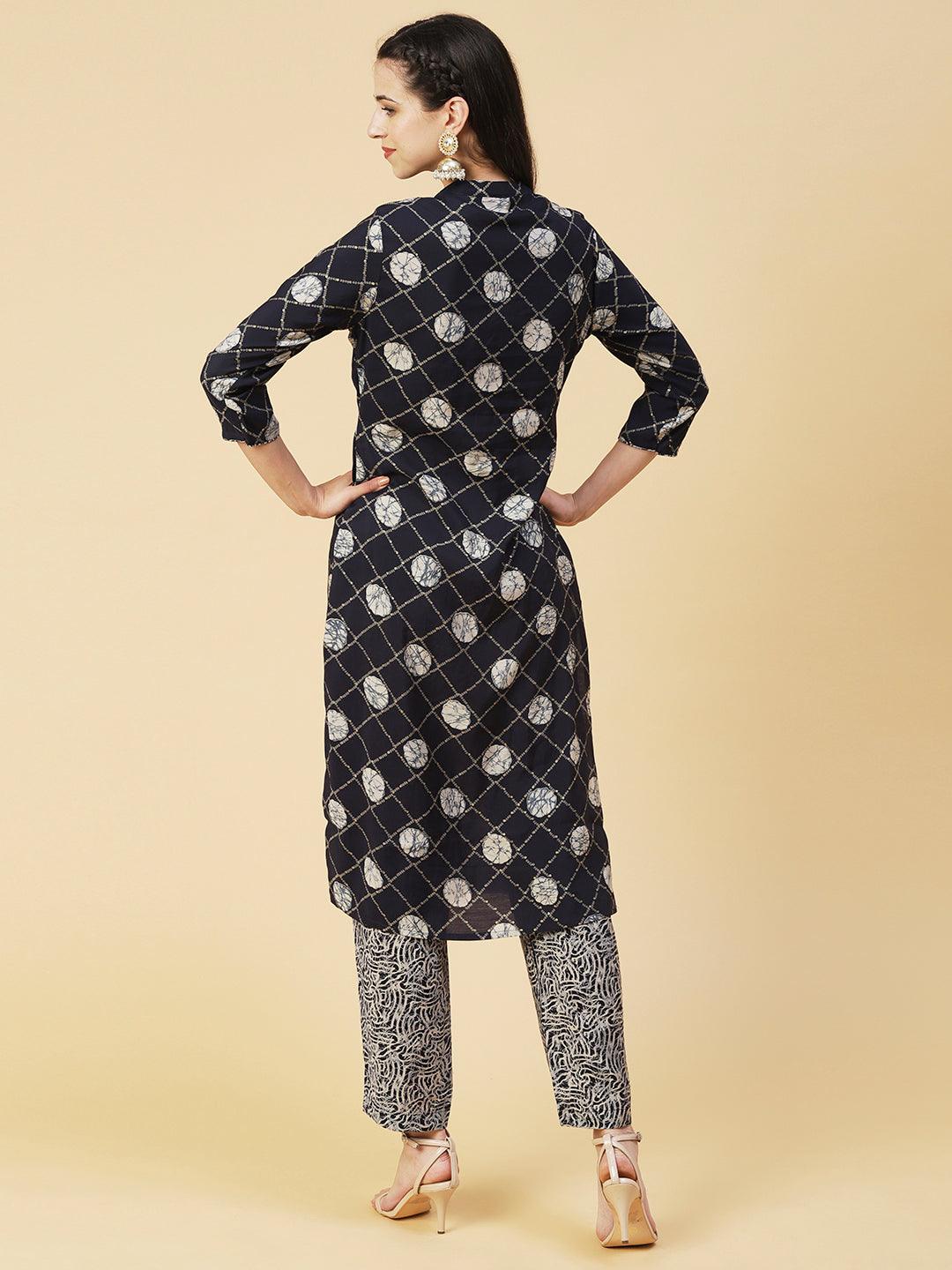 Abstract Barfi Printed Kurta With Abstract Printed Pants - Navy Blue - Indiakreations