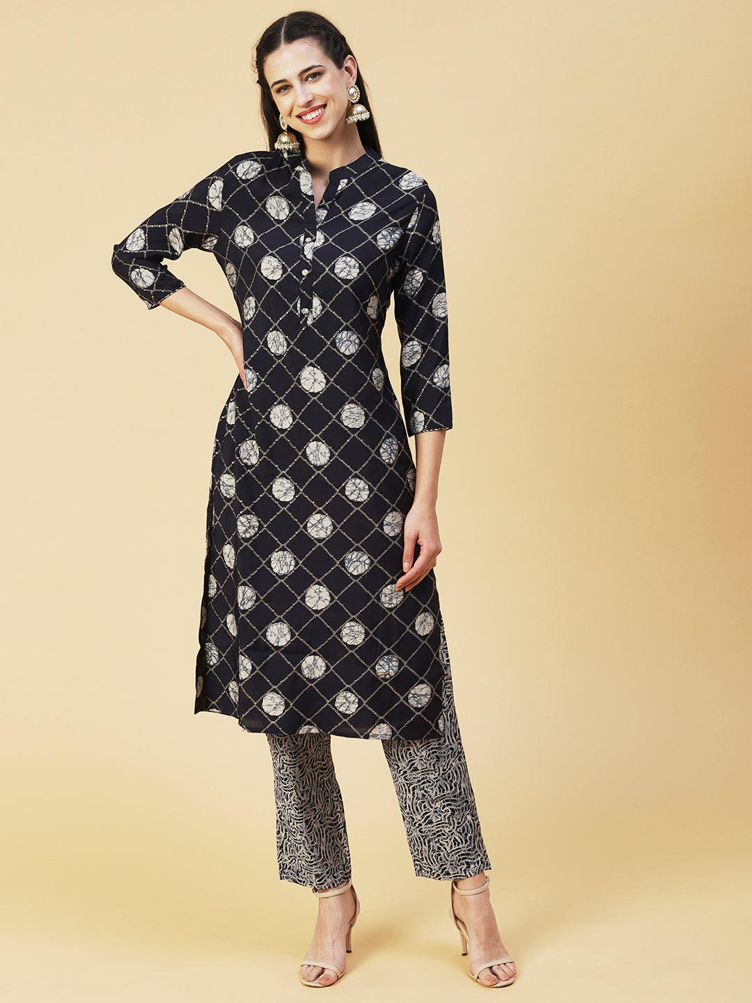 Abstract Barfi Printed Kurta With Abstract Printed Pants - Navy Blue - Indiakreations