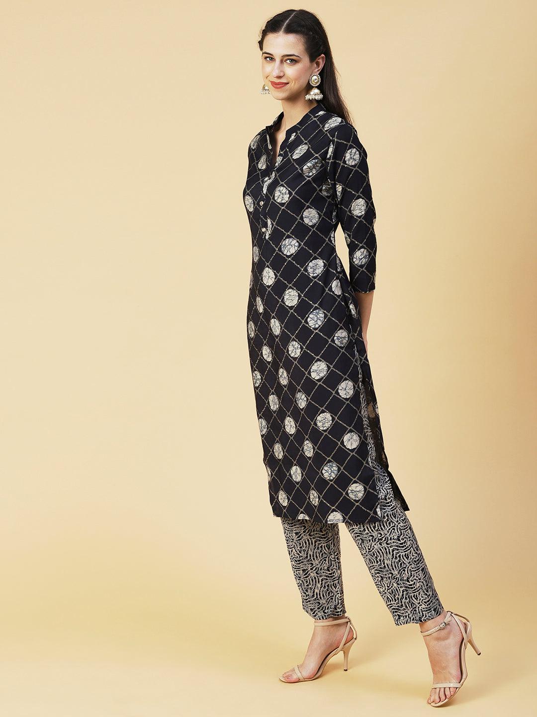 Abstract Barfi Printed Kurta With Abstract Printed Pants - Navy Blue - Indiakreations