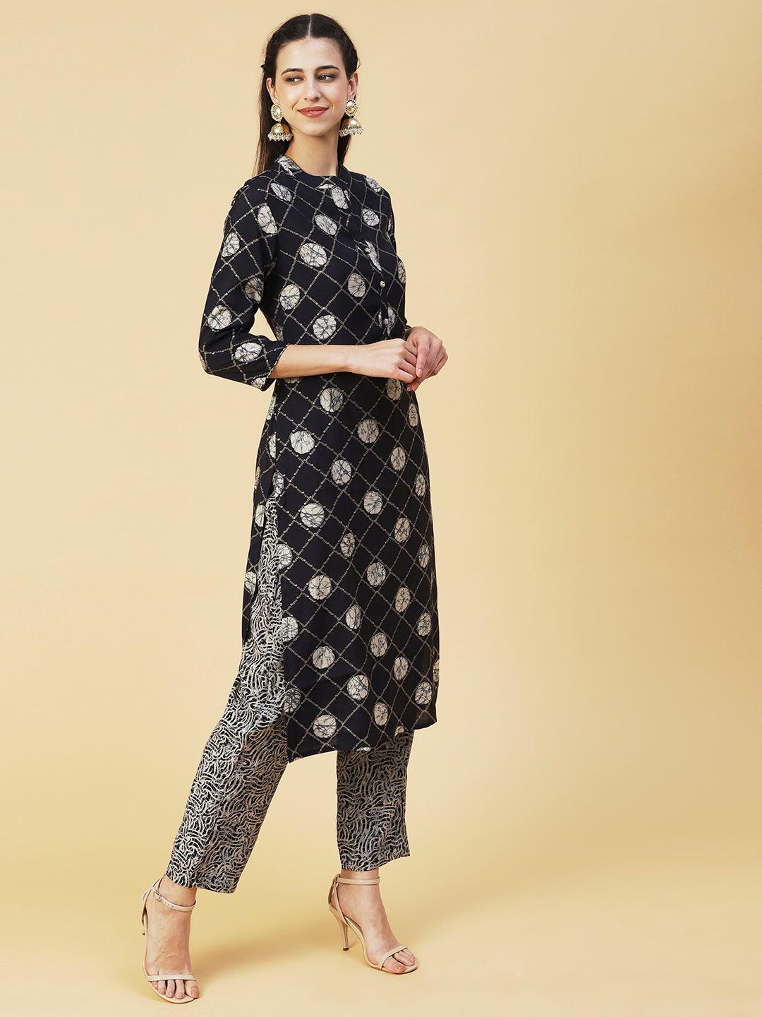 Abstract Barfi Printed Kurta With Abstract Printed Pants - Navy Blue - Indiakreations