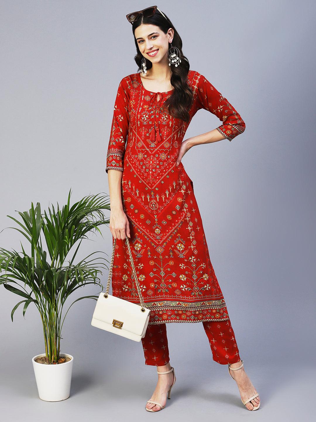 Ethnic Printed Cutdana Embroidered Kurta With Pants - Red - Indiakreations