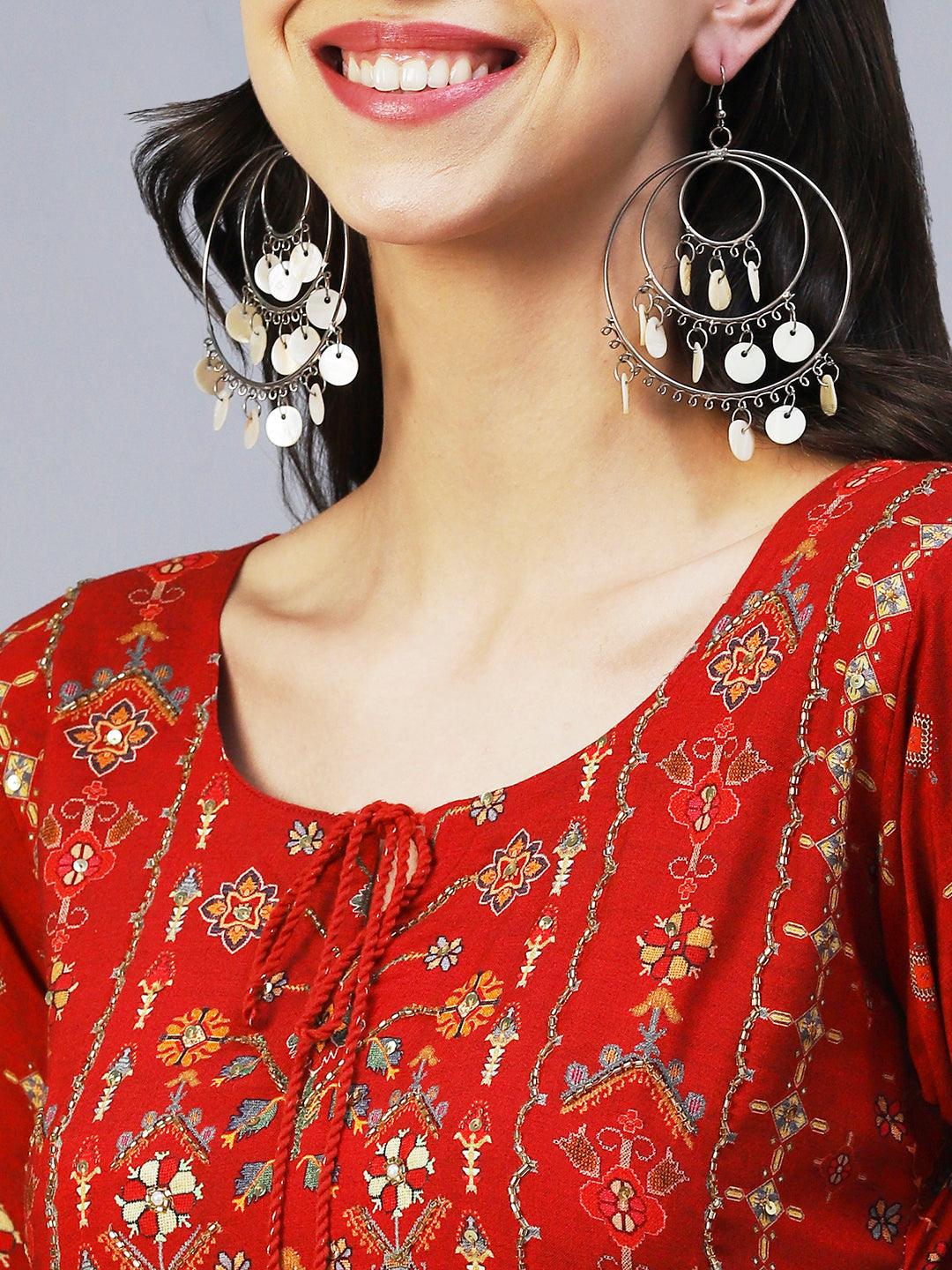 Ethnic Printed Cutdana Embroidered Kurta With Pants - Red - Indiakreations