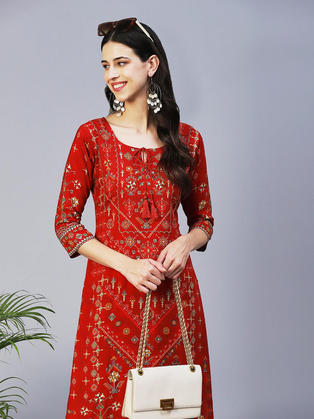 Ethnic Printed Cutdana Embroidered Kurta With Pants - Red - Indiakreations