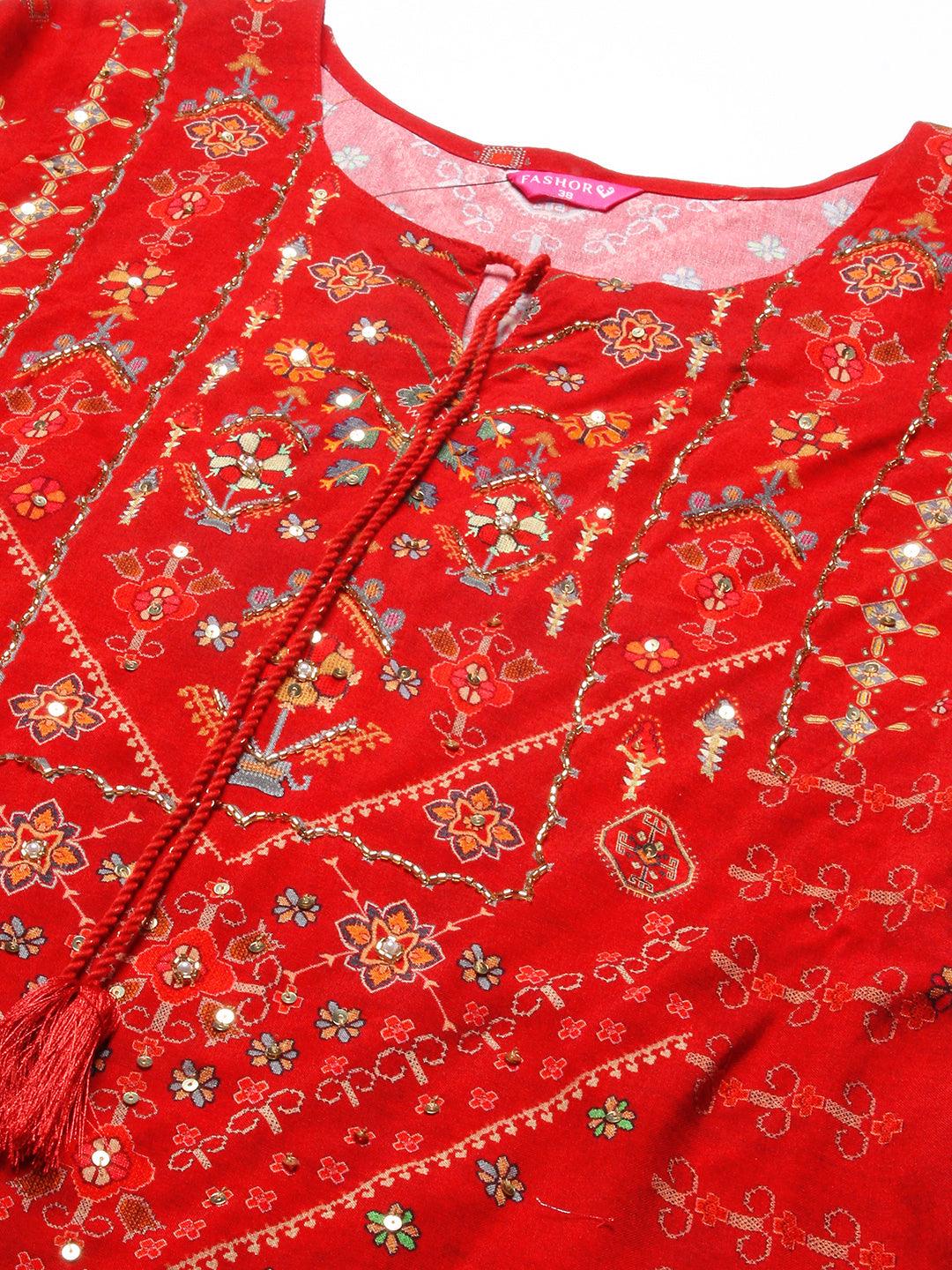 Ethnic Printed Cutdana Embroidered Kurta With Pants - Red - Indiakreations