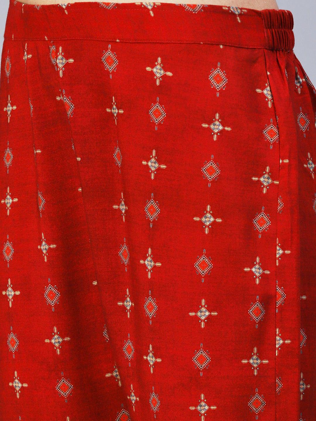 Ethnic Printed Cutdana Embroidered Kurta With Pants - Red - Indiakreations